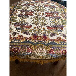 Cream gold blue burgundy rectangular embroidered tablecloth with gold fringe